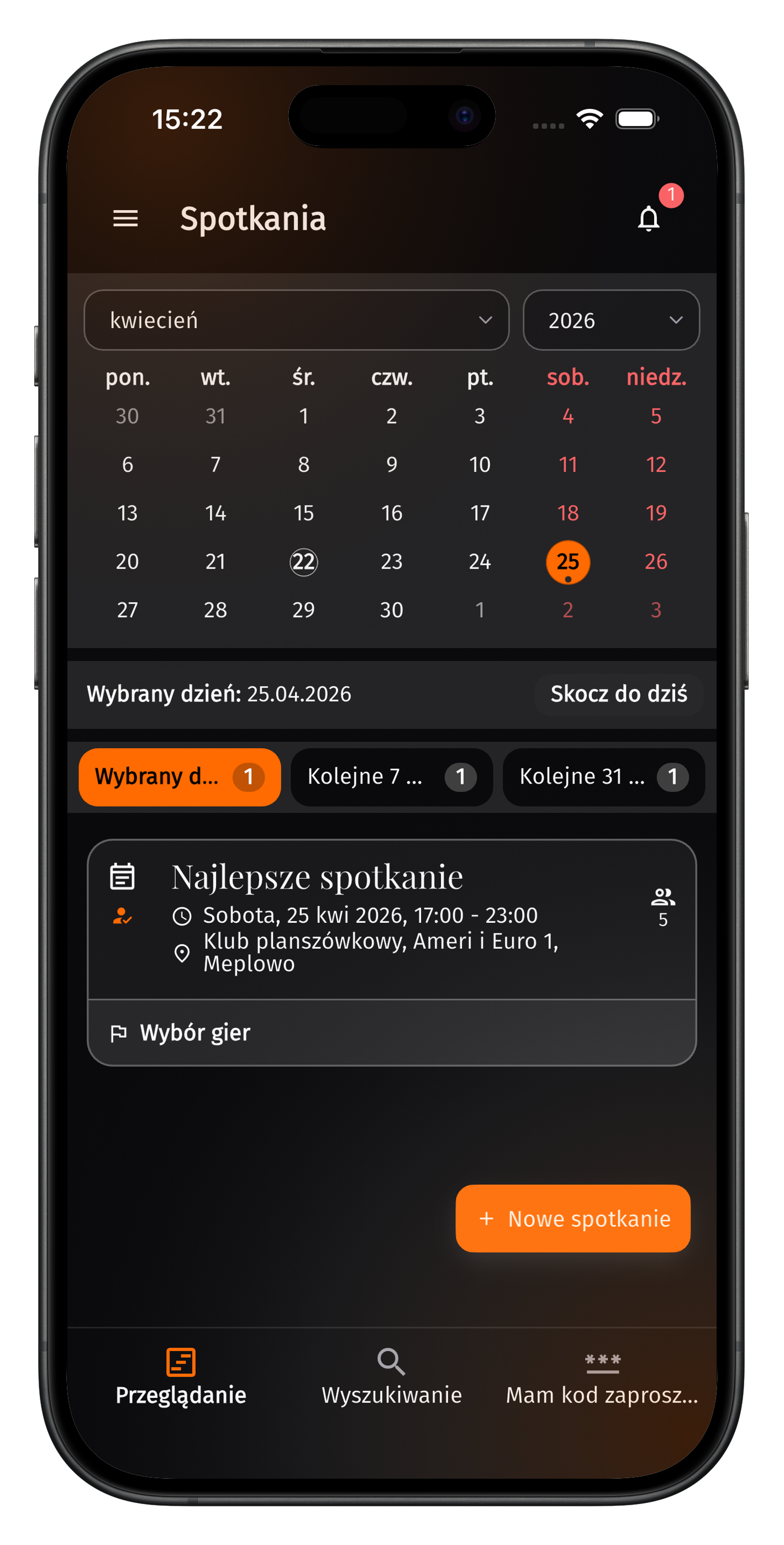 Zrzut ekranu aplikacji Boardgame Meetup na iOS